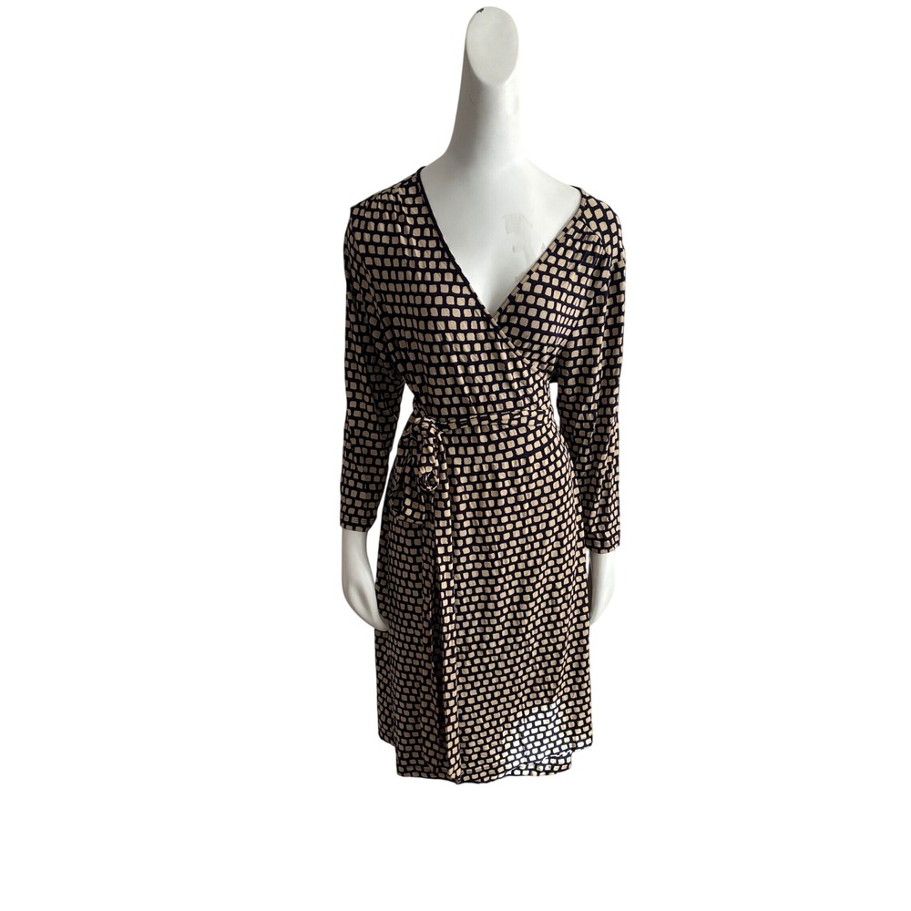 Banana Republic Navy Tan Geometric Square Print Long Sleeve Wrap Dress XL